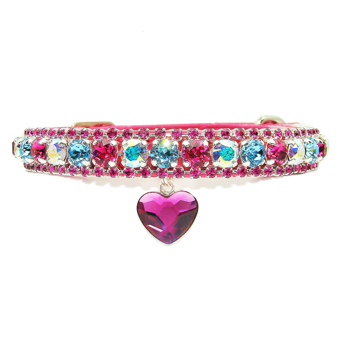 Fuchsia & Aquamarine AB Crystal Heart Sparkles Cat Collar | The Kitty Bling Boutique