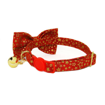Gold Stars Red Luxury Fabric Bow Tie Cat Collar Buckle