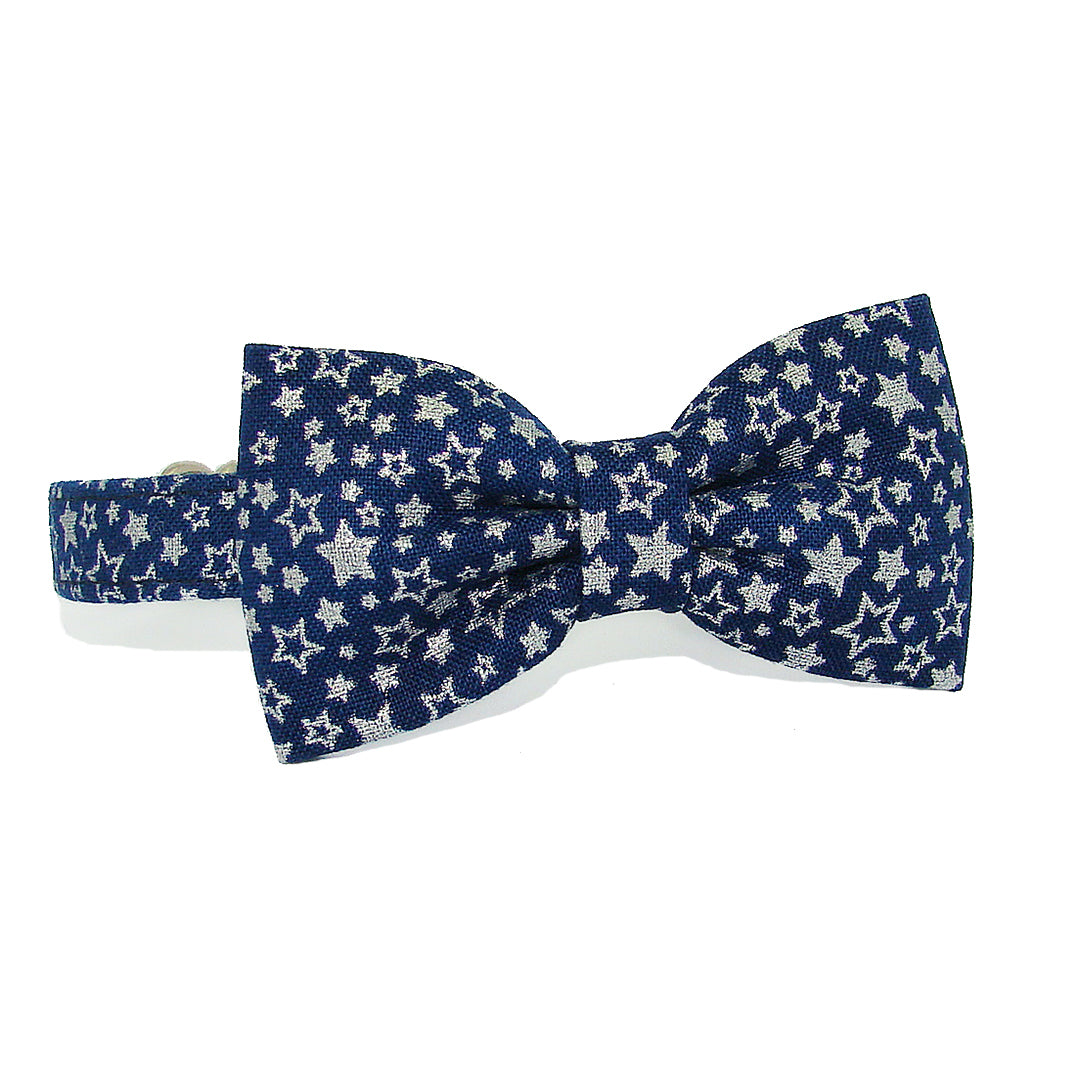 Silver Stars Blue Luxury Fabric Bow Tie Cat Collar