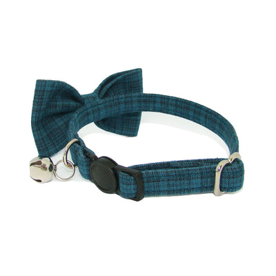 Dapper Cat Petrol Blue Plaid Bow Tie Cat Collar